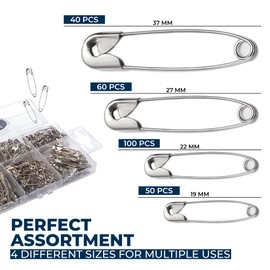 250 Pack Safety Pins by Luxurecourt, 4 Assorted Sizes of Durable, Silver Small and Large Safety Pins Bulk, Rust-Resistant Nickel Plated Steel, Sharp Edge Pins for Clothes, Sewing, Arts & Craft