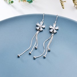 Sterling Silver Threader Earrings with Flower Crystal Tassel Long Charm Dangle Drop Earrings Jewelry Gifts for Women