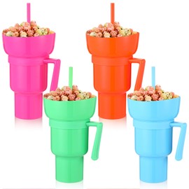Baderke 4 Pcs Snack and Drink Cup 32 oz Stadium Tumbler with Snack Bowl 2 in 1 Travel Cup with Snack Bowl Leak Proof Portable Reusable Snack Tumbler Cup with Bowl on Top and Straw (Multicolor)