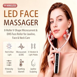 Wireless Facial Roller Massager for Face and Jawline Skincare Routine, USB-C Beauty Tool, 8 Roller 3D Face Roller with LED Modes and Vibration for Home