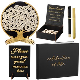 Leinuosen Celebration of Life Decorations Wooden Funeral Guest Book Set for Memorial Service Loving Memory Guestbook Share a Memory or Words of Love Cards Pen Table Sign(Black and Gold)