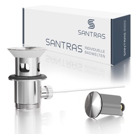 SANTRAS® Eccentric Drain Fitting Premium for Washbasin with Protection Against Overflow in Chrome - Complete Overflow Fitting with Drain Plug in 1 ¼ for Tap with Pop-Up Set