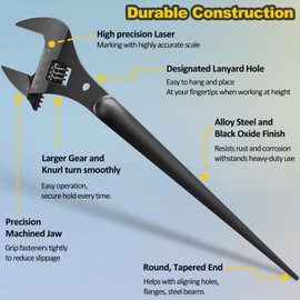 LAIKOU 3239 Extra Wide Adjustable Wrench 16 Inch Construction Spud Wrench for Up to 1-5/8 Inch Nuts and Bolts with Tether Hole, Heavy Duty Multi Tool for Mechanics and DIY (Black Oxide)
