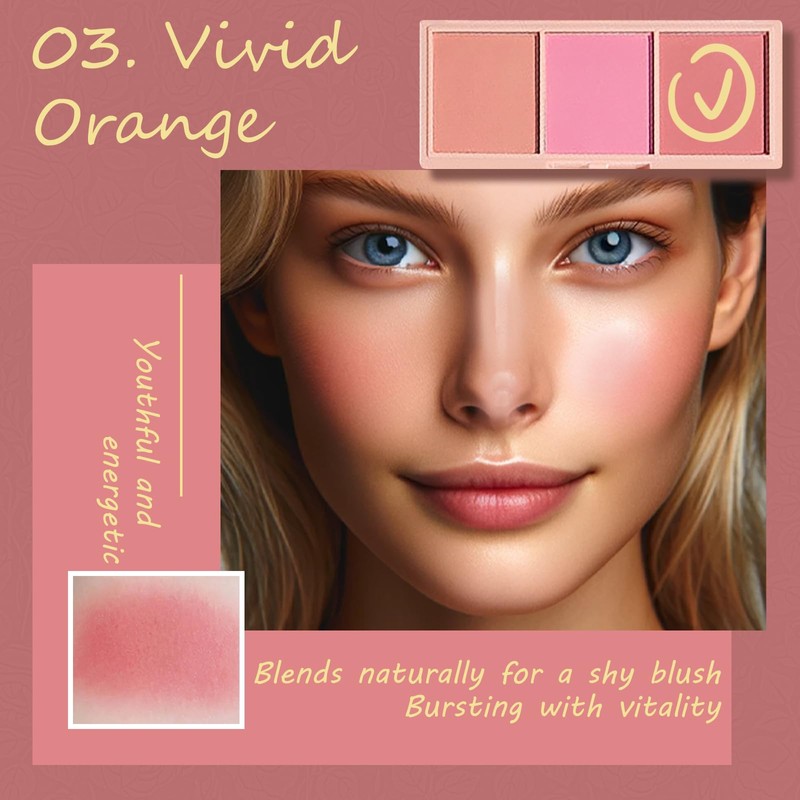 3 Color Matte Pink Blush Palette with Brush, Long Lasting