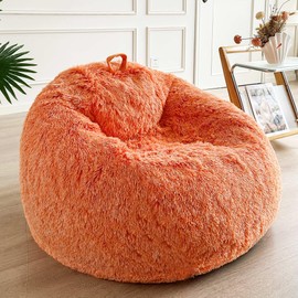 LIFEREVO Faux Fur Stuffed Animal Storage Bean Bag Chair Cover (No Filler), Orange Fluffy Large Bean Bag Cover for Adults Girls, Furry Beanbag Cover for Textile Plush Toys Memory Foam (Ombre Orange)