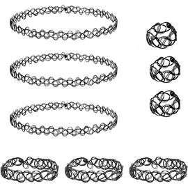 MEISO 3-Pack 90s Retro Elastic Choker & Stretchy Bracelet Set for Girls - Gothic Vintage Stretch Jewelry Collection for 90s 2000s Themed Parties Stretchable Choker Set Elastic Necklace(Black)