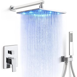 Saetow Polished Chrome Shower Faucet Set W/Valve 12Inch LED Shower Head Combo System