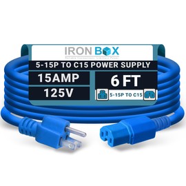 IronBox Electric - Heavy-Duty 5-15P to C15 Power Supply Cable - 15A 125V, 14/3 SJT Power Supply Cord - Male End 5-15 Plug/Female End C15 Connector - UL Listed PC Power Cord - (Blue, 6 Foot)