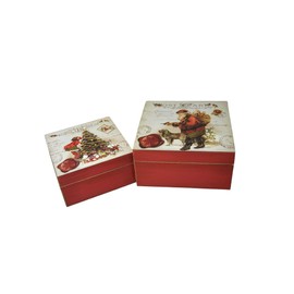 Four Seasons Liverpool Christmas Wooden Storage Gift Boxes 2 x Antique Traditional design hinged lid boxes with Father Christmas Postcard Design