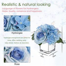 GnFlus Artificial Flowers in Vase Fake Silk Hydrangea Rose Flower Arrangement Faux Potted Flowers for Indoor Home Bathroom Office Table Shelf Decor, Blue
