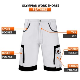 WrightFits Olympain Work Shorts Men – Triple Stitched Decorators Painter Shorts – Combat Mens Cargo Shorts Heavy Duty Workwear – Multi Pockets & Durable (32) White