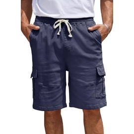 WICUSION Mens Twill Cargo Shorts Stretch Cotton Elastic Waist Multi-Pockets Shorts, Navy Blue L