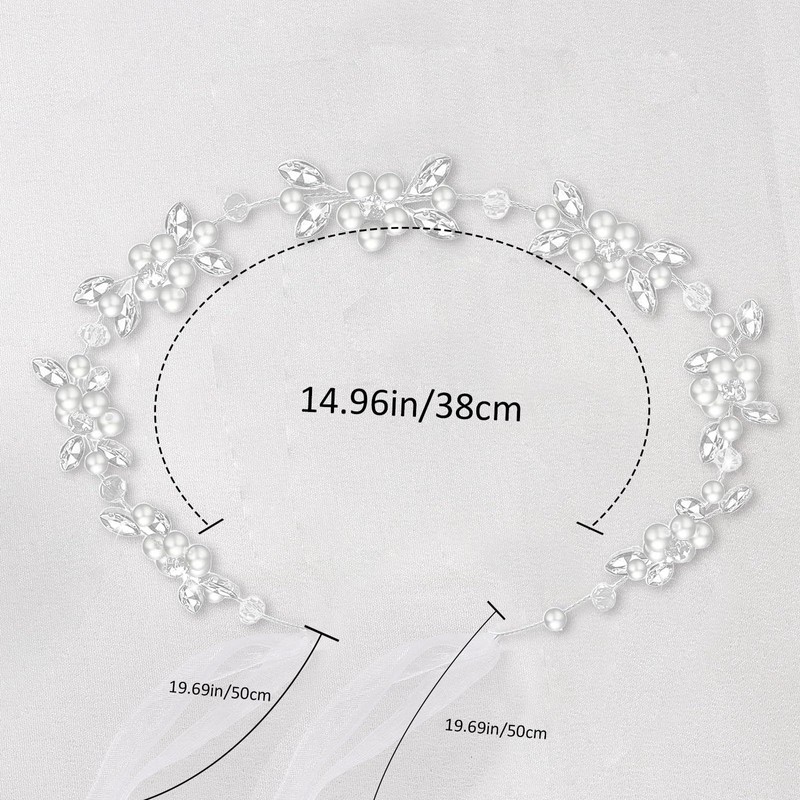 Pearl Crystal Bridal Hair Vine with Ribbon Ties, Silver Wedding