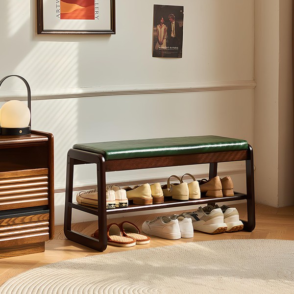 Cttasty Shoe Bench, Entryway Bench with Leather Cushion, Solid Wood