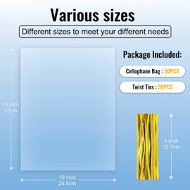 MORIDA - 50 bolsas de celofán de 10 x 13 pulgadas, bolsas de celofán, bolsas de regalo transparentes para tartas, bolsas de caramelo, bolsas de violonchelo para recuerdos de fiesta, regalos, panadería, galletas con lazos de 5 pulgadas