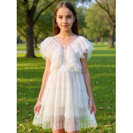 Seechoslo New 3-14Years Girls White Lace Dress Ruffle Sleeve Tiered Soft Lined Party Summer Formal(US, Age, 3 Years, White)