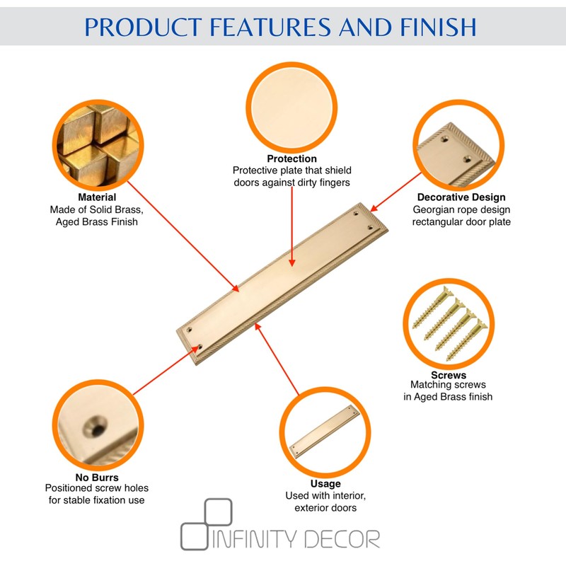 5mm Heavy Duty Solid Cast Brass Georgian Finger Plate Door
