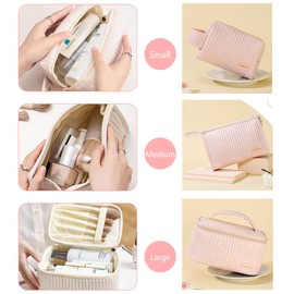 Linpr - Bolsa de maquillaje de 3 piezas, bolsa de cosméticos de piel sintética a rayas, organizador de maquillaje portátil impermeable para viajes, bonitas bolsas de maquillaje para mujeres y niñas, Púrpura claro, Simple