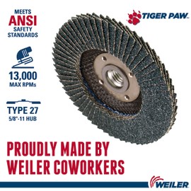 Weiler 51113 4-1/2" Tiger Paw Abrasive Flap Disc, Flat (Ty27), Phenolic Backing, 40Z, 5/8"-11 Unc Nut (Pack of 10)