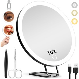 10 espejos de aumento con luz, 10 espejos de aumento de maquillaje, espejo de aumento de maquillaje iluminado con soporte ajustable de 360  y ventosa