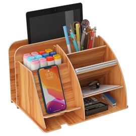 NUODWELL Wooden Desk Organiser with Phone Docking Station, Office Stationary Desk Tidy Organiser Pencil Holder Storage Box Desk Accessories (Cherry)
