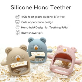 BPA-Free Silicone Teething Mitten teethers for Babies 6-12 Months - Cute Cartoon Baby Teething Toys - Teething Relief and chew Toys for Kids (Beige)