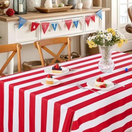 Red and White Striped Tablecloth - 57 x 84 Inch Rectangle Table Cloths Polyester Table Covers for Wedding Banquet Anniversary Event Summer Outdoor Birthday Party Decorations