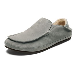 OLUKAI Moloa Slipper, Men's Premium Leather Slip-On Shoes, Soft Genuine Shearling Lining & Gel Insert, Drop-In Heel & All-Day Comfort, Sharkskin/Sharkskin, 9