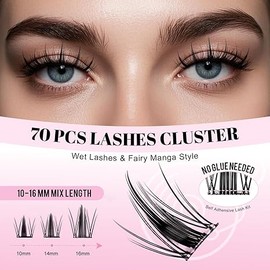 Self Adhesive Fairy Lash Clusters Kit Natural Look Manga Eyelash Clusters Wispy D Curl Cluster Eyelash Extensions 10-16MM Wispy Individual Lashes Wet-Look Lash Extension with Invisible Lash Band