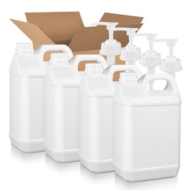 UMETASS 1 Gallon Plastic F-Style Jug (4-Pack) Reusable Food-Safe, Heavy-Duty HDPE Containers for Water, Sauces, Soaps, Detergents, Honey Liquids with Screw-On Cap and Pump Cap (White, 1 Gallon)