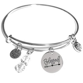Hidden Hollow Beads Women's Stainless Steel Message Charm Expandable Wire Bangle Bracelet, Popular Stacking Bracelets, Arrives in a Gift Bag. (Dragonfly) (Blessed)