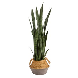 Nearly Natural 46-in Artificial Tall Snake Plant Sansevieria, Faux Snake Plant for Indoor Home Decor, Boho Chic Handmade Cotton & Jute Grey Woven Planter, Fake Plant for Office, Living Room, Bedroom