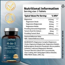 Gwynne 4 En 1 Triple Magnesium Complex 90 Cápsulas1322mg De Glicinato De Magnesio,malato De Magnesio Y Citrato De Magnesio,2000mg De Curcumina,para...