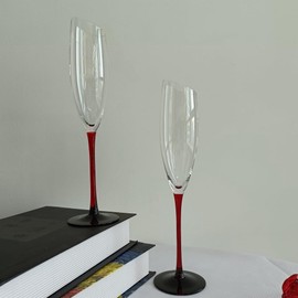 RYUHYF Champagne Flute (6.8 oz), Beveled Cut, Red Shank, Black Base, Deluxe Crystal Wine Glass Set of 2, Hand Blown, Perfect for Champagne and Wine Lovers (Red Shank Beveled Champagne Flute)