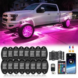 16Pods Segmented RGB LED Rock Lights Kit with APP/RF Remote Control, Upgraded Multicolor RGB Underglow Lights Brake Light for Jeep Golf Cart Trucks Pickup Neon Waterproof 12V Underbody Fender Light