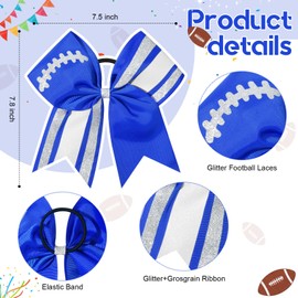 DEEKA 8 PCS Football Cheer Bows with Glitter Laces and Stripes Cheerleader Sports Team Bows Elastic Band for Cheerleading Girls (Royal Blue+Glitter Silver/White)