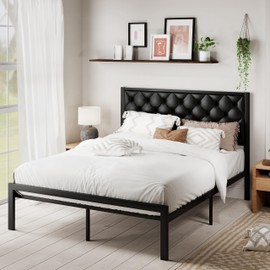 MUTICOR Stylish Full Size Bed Frame with Faux Leather Upholstered Button Tufted Headboard, Sturdy Metal Slats, 12.4" Under Bed Storage,No Box Spring Needed, Easy Assembly,Black