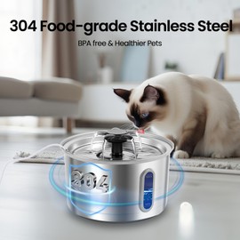ZOESEEK 3L/101oz Stainless Steel Cat Water Fountain for Indoor Use - Ultra Quiet Automatic, BPA-Free LED Window for Cats/Small Dogs (Silver+2 Filters+2 Sponges, Large)