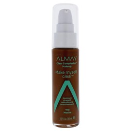 Almay Clear Complexion Makeup, Matte Finish Liquid Foundation with Salicylic Acid, Hypoallergenic, Cruelty Free, -Fragrance Free, Dermatologist Tested, 910 Mocha, 1.0 oz