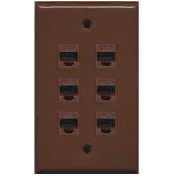 RiteAV 1 Gang 6 Port Cat6 Wall Plate - Brown
