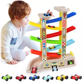 Aotipol Montessori Toys for 2 3 Year Old Boys Toddlers, Car Ramp Toys with 6 Cars & Race
