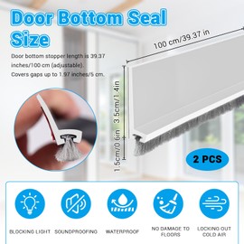 Huakaile 2 Pack Rubber Door Sweep, 39" x 2" Under Door Draft Stopper Blocker with Brush, Self-Adhesive Weather Stripping, Door Bottom Seal Strip for Cold Hot Air Gap Insulation (White)