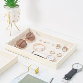 Ausalivan Stackable Jewelry Organizer Tray For Drawers,White Leather Small Earring Storage Tray,Bracelet And Necklace Display Box,Jewelry Ring Display Case (Blank Trays)