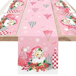DPKOW Pink Christmas Table Runner Place Mats, Pink Christmas Table Decorations Xmas Table Runner Place Mats Santa Claus Christmas Tablecloth, Pink Christmas Holiday Table Setting, Christmas Home Decor