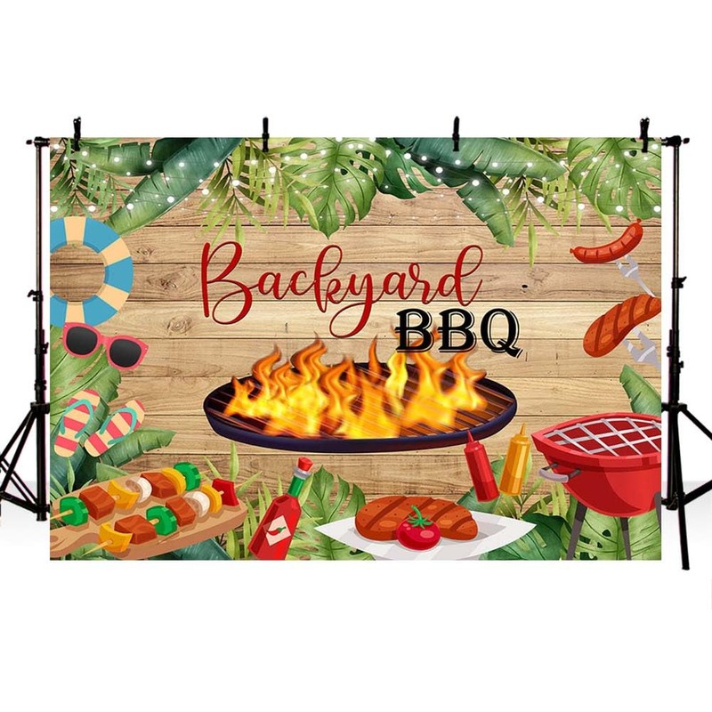 AIBIIN 7x5ft Backyard BBQ Backdrop Summer Seafood Barbecue Backdrop Rustic
