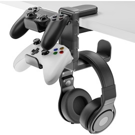 PAIFIEVD 3-in-1 Headphone Stand PC Gaming Controller Holder,Gaming Headset Holder with Adjustable Clamp&2 Controller Holder&Rotating Arm,Universal PC Gaming Accessory Controller Headset Stand