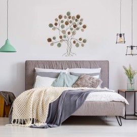 Boho Tree of Life, Wall Art, Rounded Leaves with, Silver Copper, Bronze, Teal Blue Accent Colors, Brown Branches, Artisan Crafted, Lacquered Iron, 33.5 L x 1.5 W x 36.5 H Inches