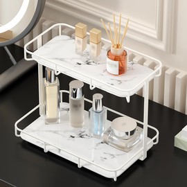 Dobbyby Bathroom Organizer Countertop Perfume Organizer Makeup Organizer Cosmetics Storage Display Rack 2 Tier Vanity Tray Dresser Stainless Steel Gold Shelf White Marble Ceramic Tray (Ivory, L)