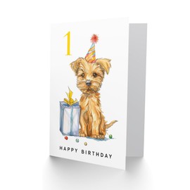 Artery8 1st Birthday Card Cute Terrier Dog Puppy Party Hat Kids Age 1 Year Old Child For Son Daughter Girl Boy Happy Card
