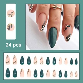 Magrace Green Flowers Press on Nails with Rhinestone Long Coffin French Fake Nails with Designs Spring Nails Press on 24 pcs Stick on Nails for Women